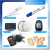A collage of various small electronic devices and accessories, including a thermometer, pregnancy test, step counter, battery, blood glucose meter, car keys, and LED candles. Produktbild-Vorschau
