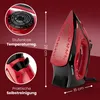 A product image of a red and black steam iron, with callouts highlighting features and dimensions. Anteprima dell’immagine prodotto