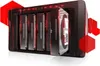 A black network-attached storage (NAS) device with multiple hard drives installed, some of which are partially ejected. Red hexagonal shapes and lines emanate from the device, suggesting data transfer or connectivity. Produktbild-Vorschau