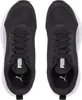 A top-down view of a pair of black Puma sneakers with white soles and white Puma branding on the tongue. Produktbild-Vorschau