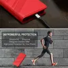 A split image showing a red phone case with a charging cable in the top half, and a man running in front of a brick wall with a red phone case on the ground in the bottom half. Produktbild-Vorschau