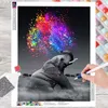 A diamond painting kit with a colorful elephant design, showing the painting process and materials. Produktbild-Vorschau