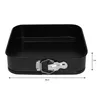A black square baking pan with a silver clasp is shown against a white background. Dimensions are indicated with text and arrows. Podgląd zdjęcia produktu