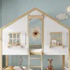 A child's house-shaped bunk bed with decorative elements like a flower clock and stuffed animals. Produktbild-Vorschau