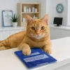 An orange cat is lying on a white desk in a veterinary clinic, with a pet passport in front of it. Produktbild-Vorschau