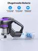 A close-up view of a cordless vacuum cleaner, highlighting its battery features with text overlays and icons. Podgląd zdjęcia produktu