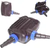 A collage of three images showing different views of a black pond pump with blue connectors. Produktbild-Vorschau