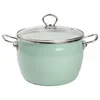 A light green enameled pot with a glass lid and silver handles, shown against a white background. Produktbild-Vorschau