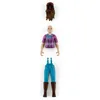 A disassembled toy figure of a person, with the head and torso, legs and boots, and a hairpiece shown separately against a white background. Voir les images du produit