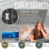 Marketing image for an air mattress featuring Fiber-Tech technology, showing a woman relaxing on a bed and diagrams illustrating the product's features and benefits. Produktbild-Vorschau