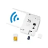 A white 4G WiFi router with two antennas is shown from the back, with a SIM card and a small dark blue object (likely a SIM ejector tool) placed nearby. A blue Wi-Fi signal icon is displayed to the left of the router. Náhled obrázku produktu