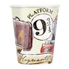 A close-up view of a Harry Potter-themed paper cup, featuring illustrations of a suitcase, the Hogwarts crest, and the iconic Platform 9 ¾ sign. Voir les images du produit