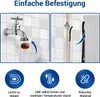Collage showing a faucet connected to a hose adapter, a hose guide attached to a pipe, and a washing machine with a hose. Below are icons and text describing features. Produktbild-Vorschau