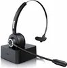 A black wireless headset with a microphone and charging station is shown against a white background. Produktbild-Vorschau
