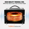 A close-up view of a toroidal coil inside a black electronic device, with text overlays highlighting features. Produktbild-Vorschau