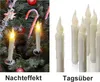 A split image showing LED candles on a Christmas tree on the left and a group of LED candles on a white background on the right. Produktbild-Vorschau
