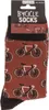 A pair of socks with a bicycle pattern, displayed with their packaging. Produktbild-Vorschau