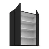 A black wall cabinet with its doors open, revealing white shelves inside. Produktbild-Vorschau