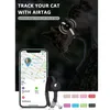 A cat wearing a collar with an AirTag holder is shown, with a smartphone displaying a tracking app in the foreground. Several colorful collars are displayed at the bottom. Produktbild-Vorschau