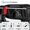 Close-up of a hammer drill with different function modes illustrated below. Podgląd zdjęcia produktu