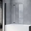 A black framed, clear glass shower screen attached to a white bathtub. Produktbild-Vorschau