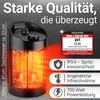 A black tower heater with glowing orange heating elements, set against a dark, textured background. Text overlays highlight product features and a test rating. Produktbild-Vorschau