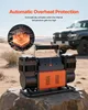 A portable air compressor is shown on a rock in a desert-like environment with a vehicle in the background. An inset graphic highlights the overheat protection feature. Podgląd zdjęcia produktu