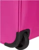 A close-up of the bottom corner of a pink suitcase, showing one of its black wheels and protective casing. Produktbild-Vorschau