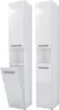 Two tall, narrow white bathroom cabinets are shown side-by-side against a white background. The cabinet on the left has its lower door open, revealing a slatted interior. The cabinet on the right is closed. Produktbild-Vorschau