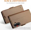 A brown leather wallet-style phone case is shown with text highlighting its features. Produktbild-Vorschau