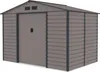 A grey metal garden shed with a double door and a pitched roof. Náhled obrázku produktu