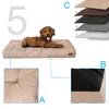 A dog lying on a dog bed, with close-up views of the bed's construction and material layers. Voir les images du produit