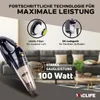 A handheld vacuum cleaner is shown in use on a table, with graphics highlighting its features like a HEPA filter and charger. Produktbild-Vorschau