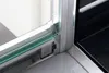 A close-up view of the corner of a shower cabin, showing the sliding mechanism and glass panels. Produktbild-Vorschau