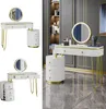 A collage of a white vanity table with gold accents and a round LED mirror, shown from different angles and in a room setting. Náhled obrázku produktu