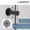 A close-up of a black shower head holder mounted on a wall, with arrows indicating adjustability and a diagram of the mounting mechanism. Produktbild-Vorschau