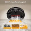 A robot vacuum cleaner is shown from underneath, demonstrating its suction power. Three small inset images show examples of debris it can clean. Produktbild-Vorschau