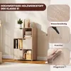 A wooden bookshelf with multiple compartments, some open and some with doors, is shown in a room setting. Insets highlight features like water resistance, scratch resistance, and ease of cleaning. Produktbild-Vorschau