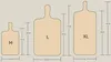 A size chart showing three different sizes of wooden cutting boards with dimensions labeled. Produktbild-Vorschau