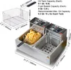A dual-basket deep fryer with dimensions and capacity information displayed. Náhľad obrázku produktu