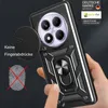 A hand is holding a black smartphone case with a camera cover, ring holder, and a fingerprint icon with a red cross over it. There is also a logo and text in the top right corner. Produktbild-Vorschau