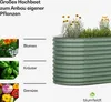 A green corrugated metal raised garden bed filled with plants, with images of flowers, herbs, and vegetables on the left side. Produktbild-Vorschau