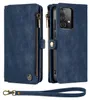 A blue wallet-style phone case for a Samsung Galaxy A52 is shown open, revealing the phone slot and card compartments, along with a detachable wrist strap. Produktbild-Vorschau
