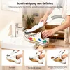 A person is cleaning a white sneaker with colorful paint splatters using a steam cleaning device. Below are three smaller images showing different stages of the cleaning process. Anteprima dell’immagine prodotto