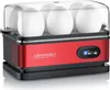 A red egg cooker with white eggs inside and a clear lid, shown against a white background. Podgląd zdjęcia produktu