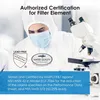 A person in a protective suit is shown in a lab setting next to a microscope, with certifications and text overlays related to water filter elements. Náhled obrázku produktu