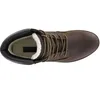 A top-down view of a brown leather boot with white fur lining. Voir les images du produit