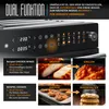 A collage displaying a black oven's control panel and various food items being cooked, such as chicken wings and cookies. Produktbild-Vorschau