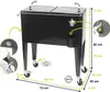A black cooler on wheels with dimensions indicated by measurement lines and text. Produktbild-Vorschau
