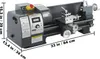 A gray metal mini lathe is shown with dimensions indicated by text overlays. Voir les images du produit
